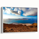 Vintage poster art of a colorful Canary Islands landscape on a large framed canvas, suitable for living room decor.