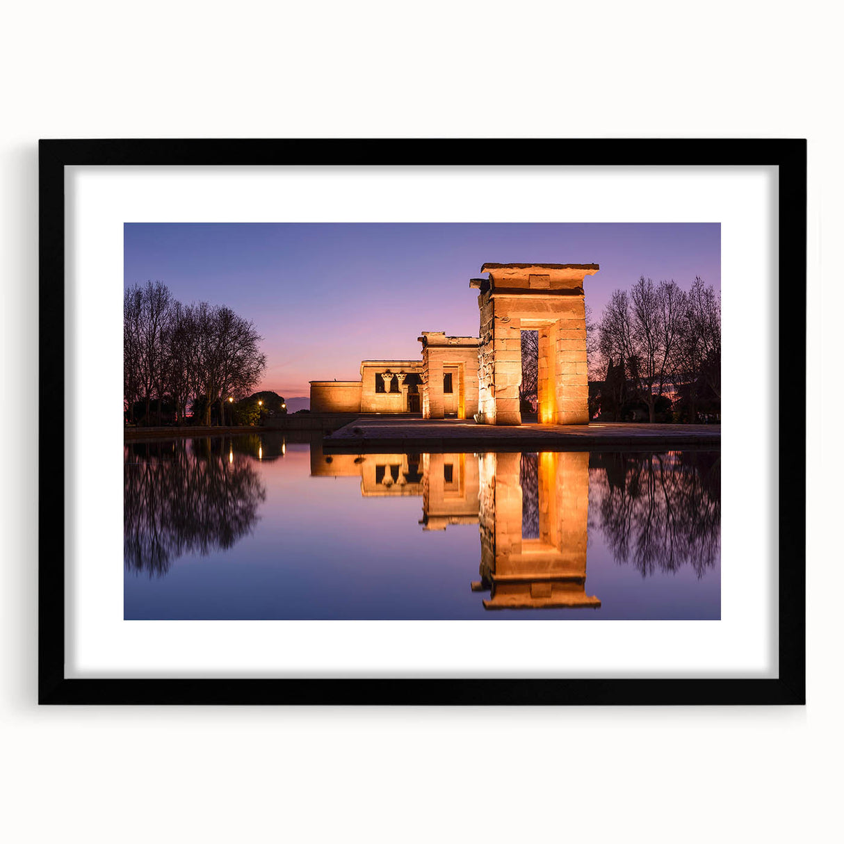 Extra large abstract art print of Madrid scenery in colorful, textured style on a framed black mat.