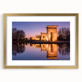 Extra large abstract art print of Madrid cityscape in textured style, featuring muted earth tones, framed in gold.