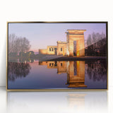 Large acrylic print of Madrid skyline in gold and black tones, framed, mid-century modernist style.