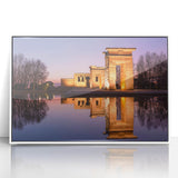 Art deco poster of Madrid skyline in muted pastel shades on a framed acrylic, suitable for modern nursery wall decor.