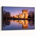 Black and white framed canvas of Madrid landscape with vintage poster art style, suitable for bedroom decor.