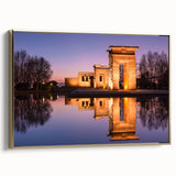 Vintage poster art of Madrid landscape in black and gold tones on framed canvas, suitable for bedroom decor.
