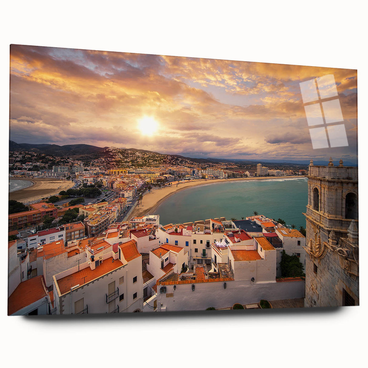 Large abstract wall art of Valencia scenery in pastel shades on acrylic glass, ideal for bedroom or dining room decor.