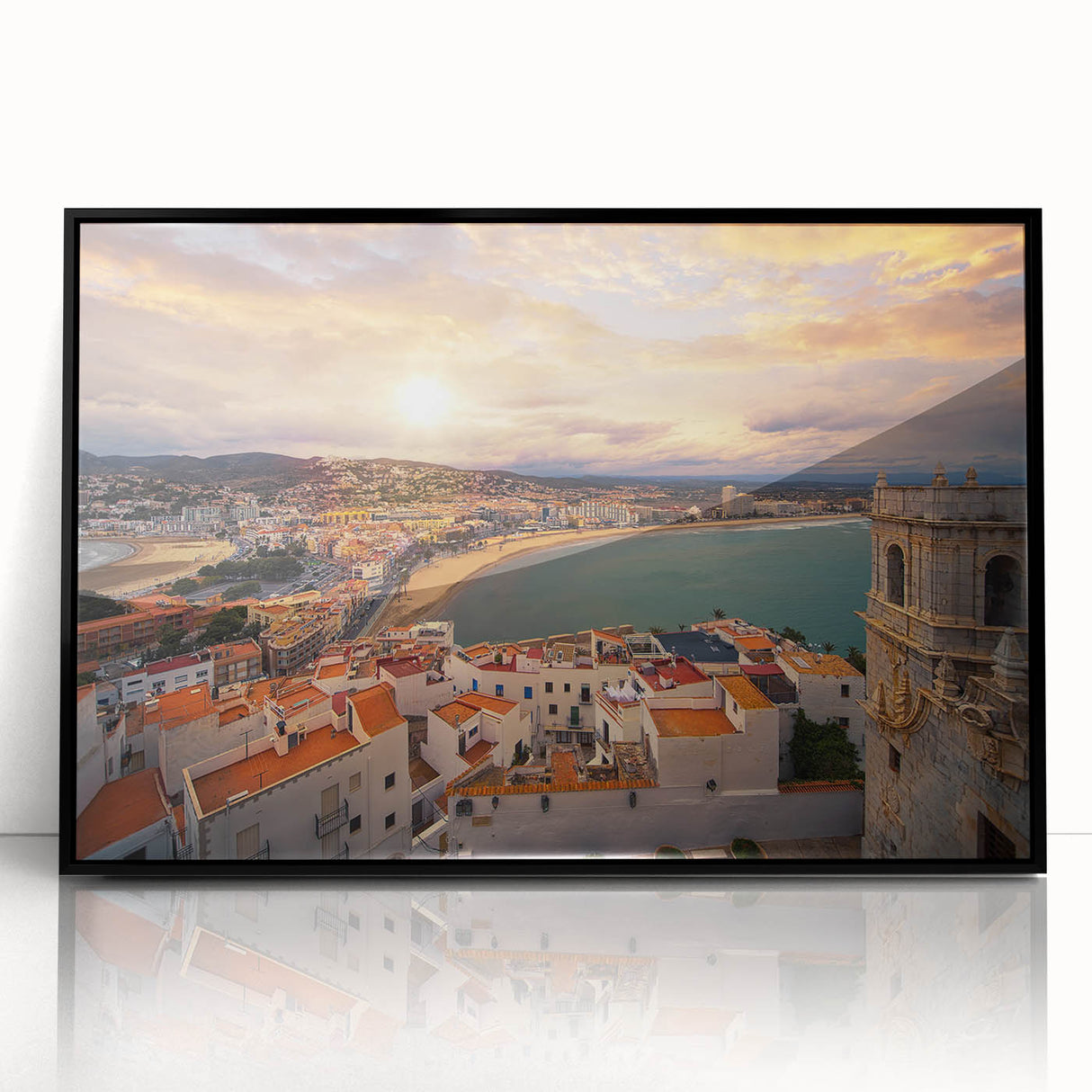 Large abstract wall art of Valencia scenery in muted earth tones on framed acrylic, suitable for modern living room decor.