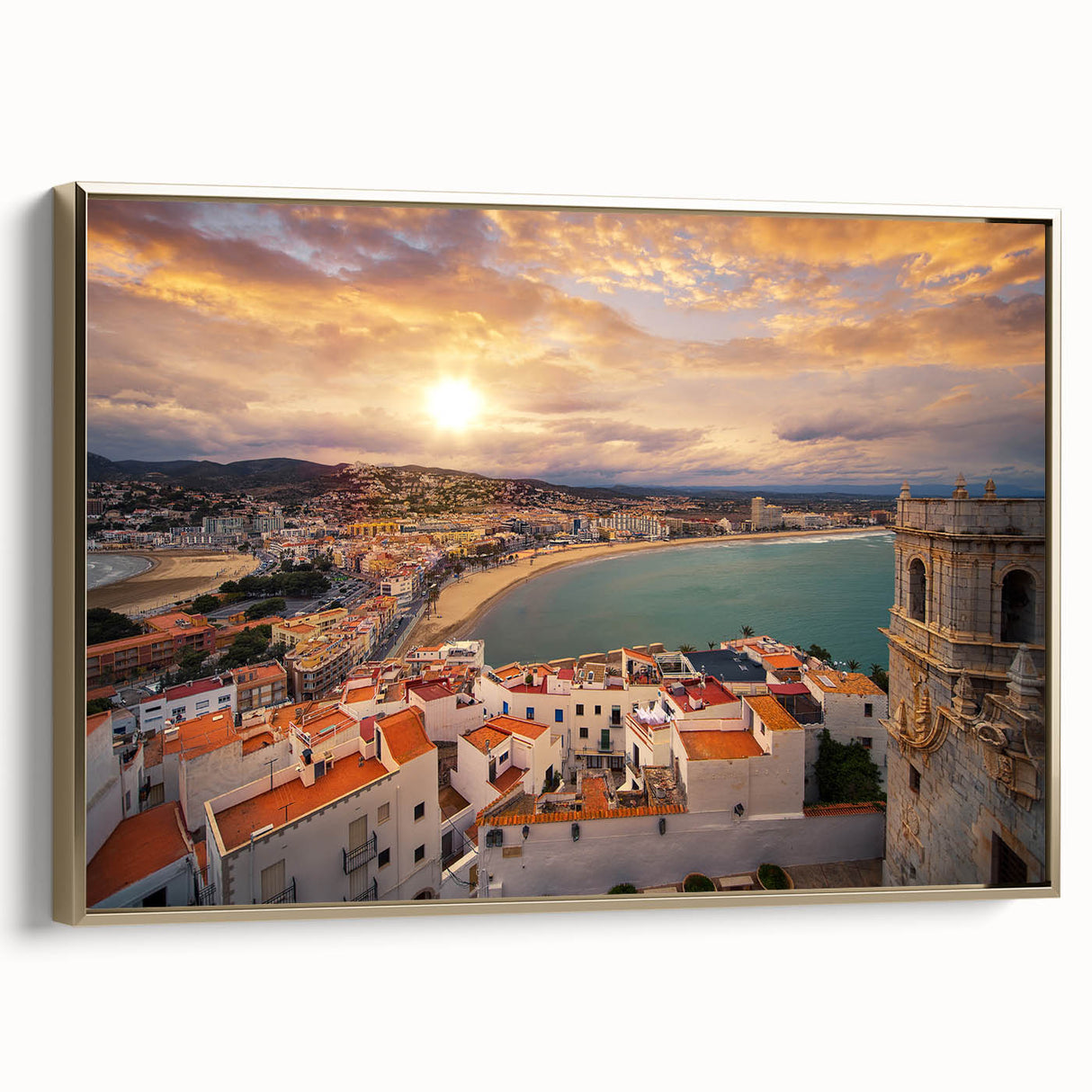 Framed canvas featuring a vintage landscape painting of Valencia, with muted gold and black tones.