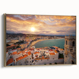 Framed canvas featuring a vintage landscape painting of Valencia, with muted gold and black tones.