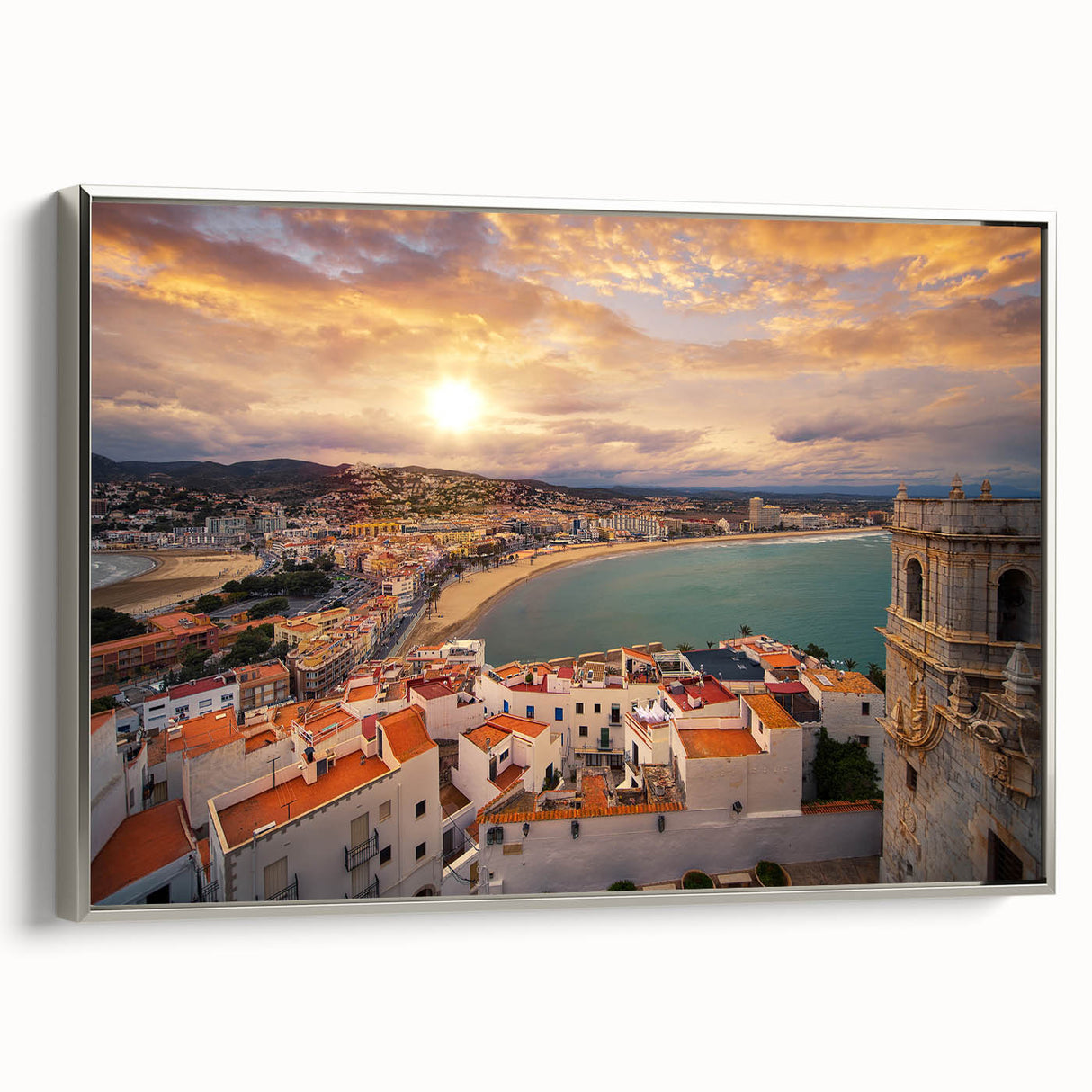 Landscape art painting of Valencia featuring colorful vintage poster art on a black background.