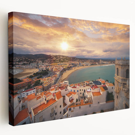 Side view of a stretched canvas featuring a detailed European cityscape of Valencia in muted earth tones.