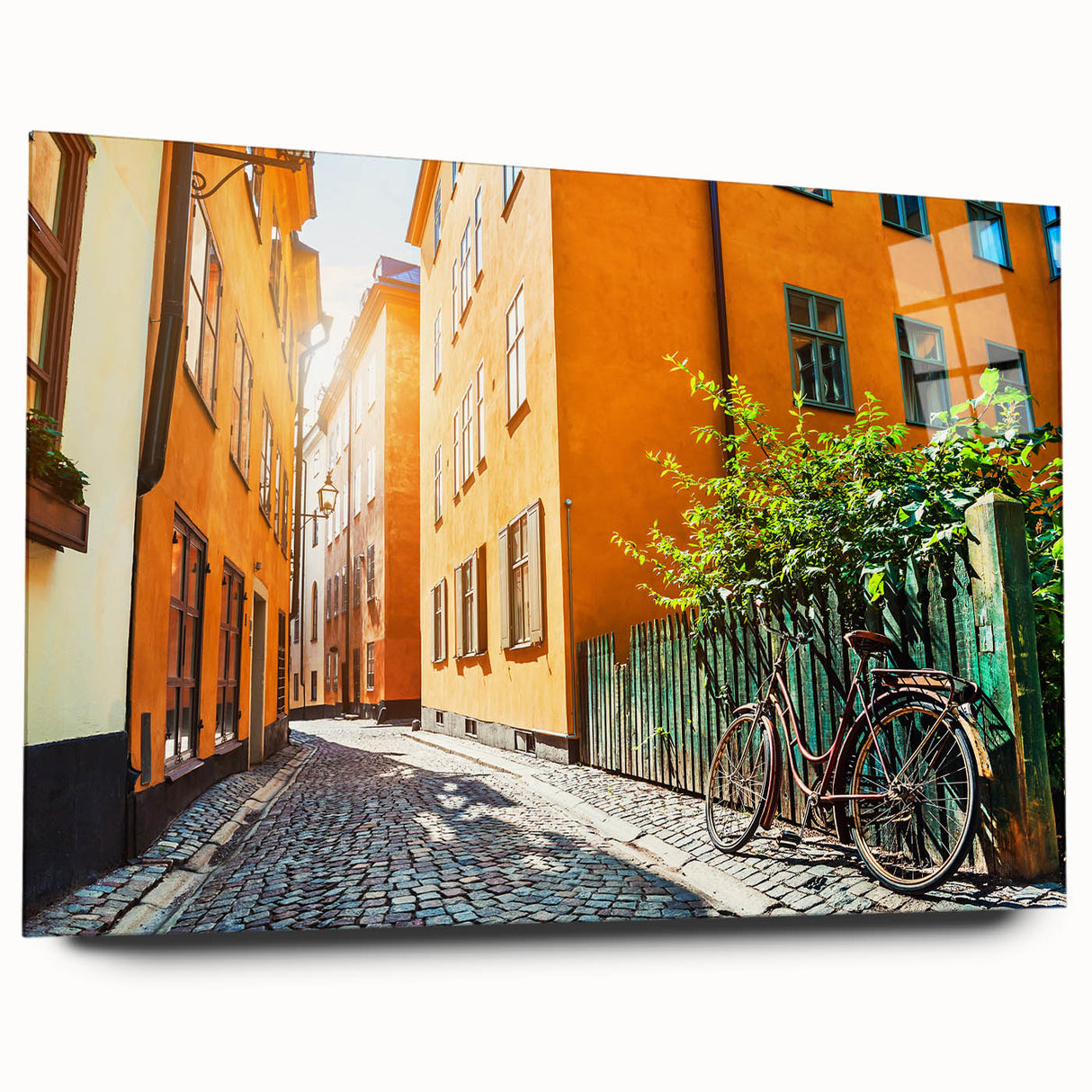 Large abstract depiction of Stockholm on acrylic glass, featuring muted blue and gray tones.