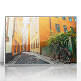 Acrylic print of Stockholm scenery in art deco style, featuring muted blue and white tones.