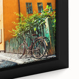 Black wall art of Stockholm scenery on extra large framed canvas with colorful, textured details.