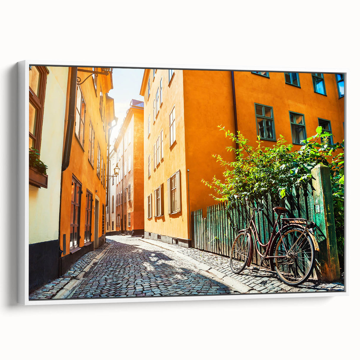 Vintage poster art of Stockholm with colorful buildings on black framed canvas, ideal for living room decor.