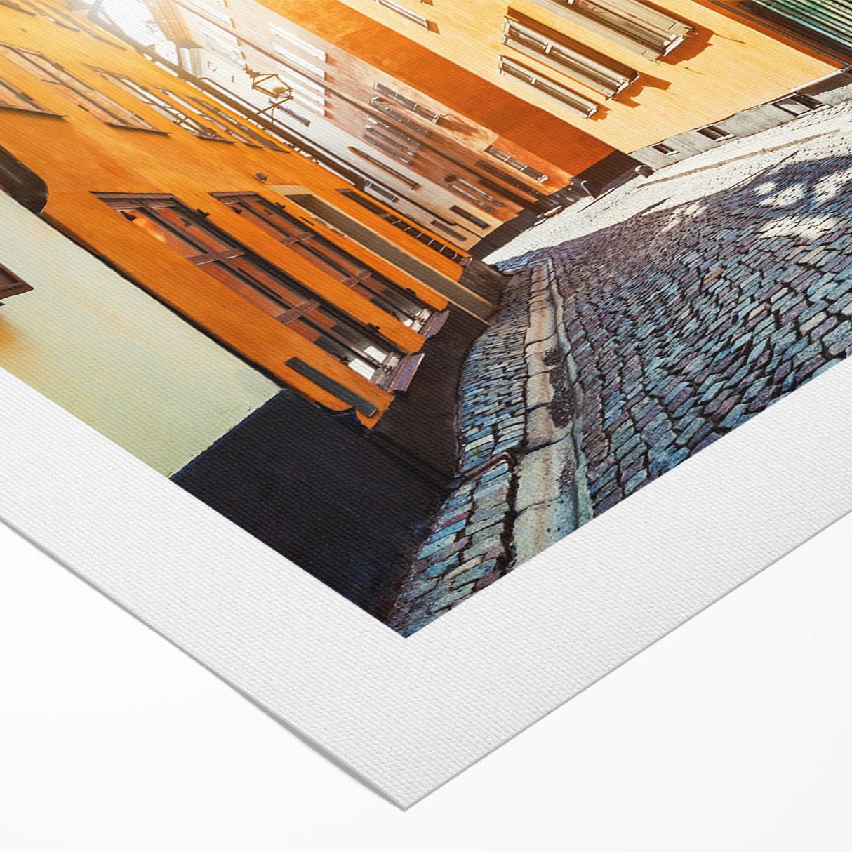 Art deco poster of Stockholm scenery in muted blue and grey tones on rolled canvas, suitable for dining room wall art.