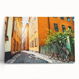 Black and white photograph of Stockholm skyline on large stretched canvas, ideal for kitchen wall art.