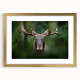 Extra large abstract art print of a serene European landscape in muted blue and green tones, framed in gold.