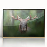 Large acrylic print of a Scandinavian landscape in muted earth tones, framed in gold, suitable for modern art wall decor.