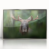 Mid-century modernist art of a serene Swedish landscape in cool blue and green tones, acrylic print framed in silver.