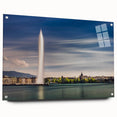 Acrylic print of Geneva scenery with muted blue and green hues, ideal for dining room decor.