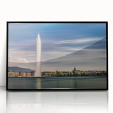 Large abstract wall art depicting a stylized Geneva scenery in muted earth tones on a black framed acrylic.