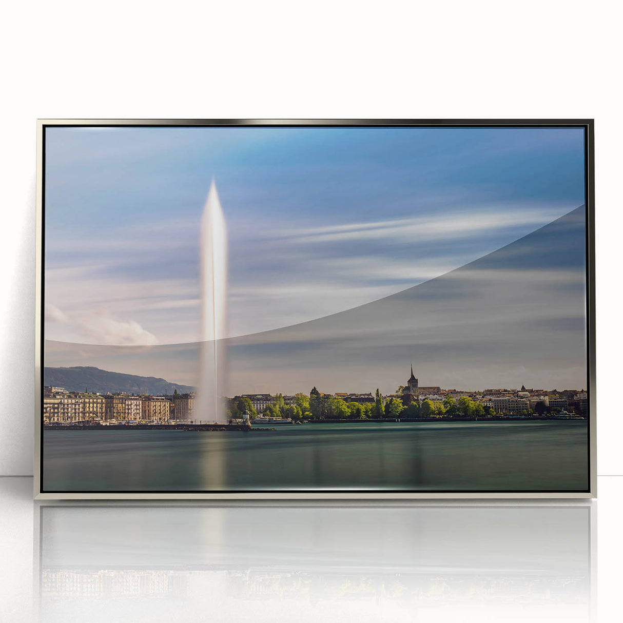 Mid-century modernist art of Geneva skyline in muted gray tones on framed acrylic, ideal for modern art wall decor.