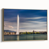Framed canvas landscape art of Geneva with muted gold and black tones, ideal for bedroom decor.