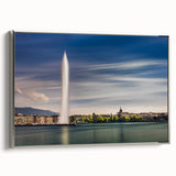 Framed canvas of a vintage-style Geneva landscape painting, featuring vibrant colorful art on a black background.