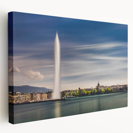 Large art print of Geneva scenery on stretched canvas with muted blue and green tones, suitable for kitchen wall art.