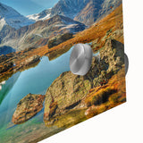 Large abstract wall art featuring a Swiss landscape in muted earth tones on acrylic glass, ideal for dining room ambiance.