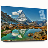 Large abstract wall art of a European landscape in Switzerland, rendered in cool blue and green hues on acrylic glass.
