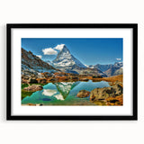 Extra large abstract art print of a vibrant, textured Swiss landscape on a black framed canvas, ideal for living room decor.