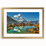 Extra large abstract art print of a Swiss landscape in textured gold frame, ideal for living room decor.