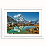 Abstract art print of a Swiss landscape in muted earth tones on a framed white canvas, ideal for dining room decor.