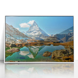 Acrylic print of a serene Swiss landscape in muted green and blue tones, ideal for modern art wall decor in a nursery.