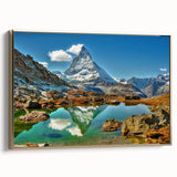 Framed canvas featuring a vintage-style Swiss landscape in muted gold and black tones, ideal for bedroom wall decor.