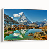 Vintage poster art of a scenic Swiss landscape, featuring vibrant green and blue tones on a framed canvas.