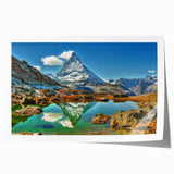 Scenic Switzerland landscape on rolled canvas, featuring muted green and blue tones, ideal for dining room wall art.