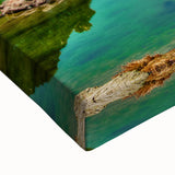 Large art featuring a black and white landscape painting of a Swiss mountain scene on stretched canvas.