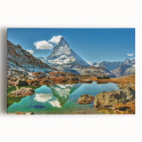 Black and white photograph of a Swiss landscape on stretched canvas, ideal for kitchen wall art.