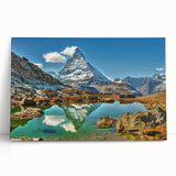 Black and white photograph of a Swiss landscape on stretched canvas, ideal for kitchen wall art or bedroom ambiance.