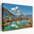 Large canvas print of a Swiss landscape in natural hues, ideal for kitchen wall art.