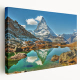 Large canvas print of a Swiss landscape in natural hues, ideal for kitchen wall art.