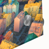 Large abstract wall art depicting a European scenery in muted earth tones on acrylic glass.