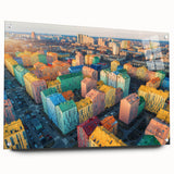 Large abstract wall art depicting a European scenery in soft blues and greens on acrylic glass.