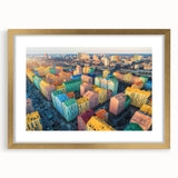 Extra large abstract art print featuring textured scenery of Europe, in muted earth tones, framed in gold.