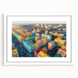 Abstract art print of a European landscape in muted earth tones on a framed white canvas, ideal for dining room decor.