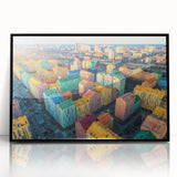 Large abstract wall art depicting a vibrant European landscape in mid-century modernist style, framed in black acrylic.