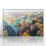 Art deco poster of a European cityscape in muted gray and blue tones on framed acrylic, ideal for modern bedroom ambiance.