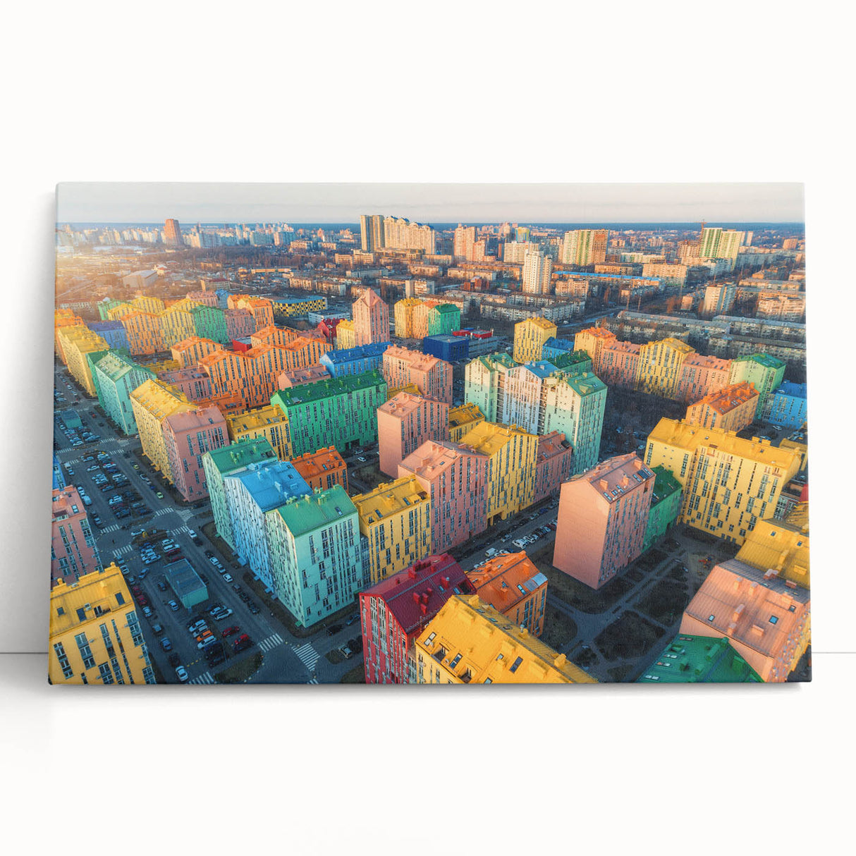 Large black and white photo of a European village on stretched canvas, ideal for kitchen wall art.