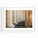 Abstract art print of the Vatican scenery in muted earth tones on a white framed mat, ideal for dining room decor.